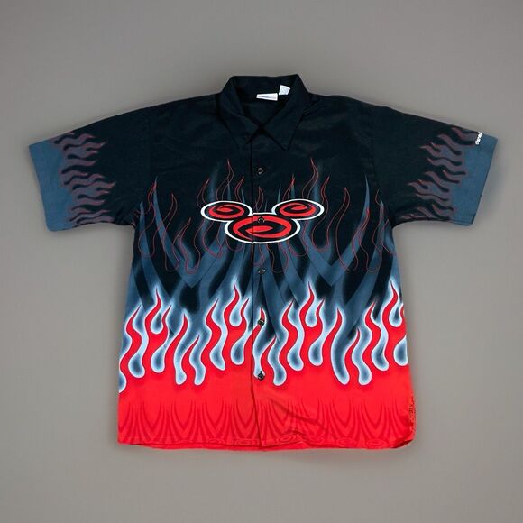 Disneyland Resort World Mickey Red Y2K Retro Flames Hawaiian Button Shirt XL - Picture 1 of 11